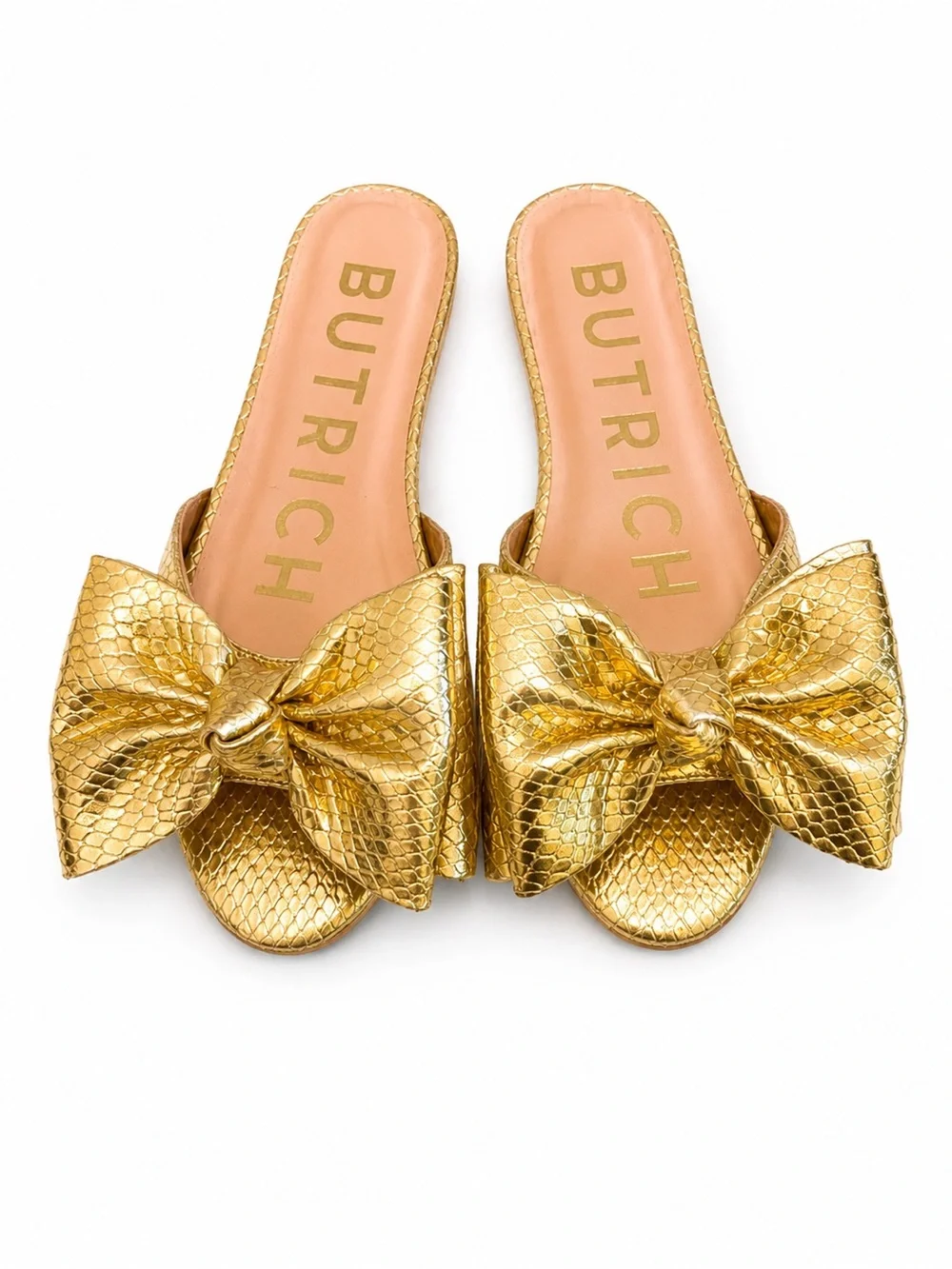 BUTRICH Alina Gold Bow Slide Flat Snake Embossed Sandals - Picture 1 of 3
